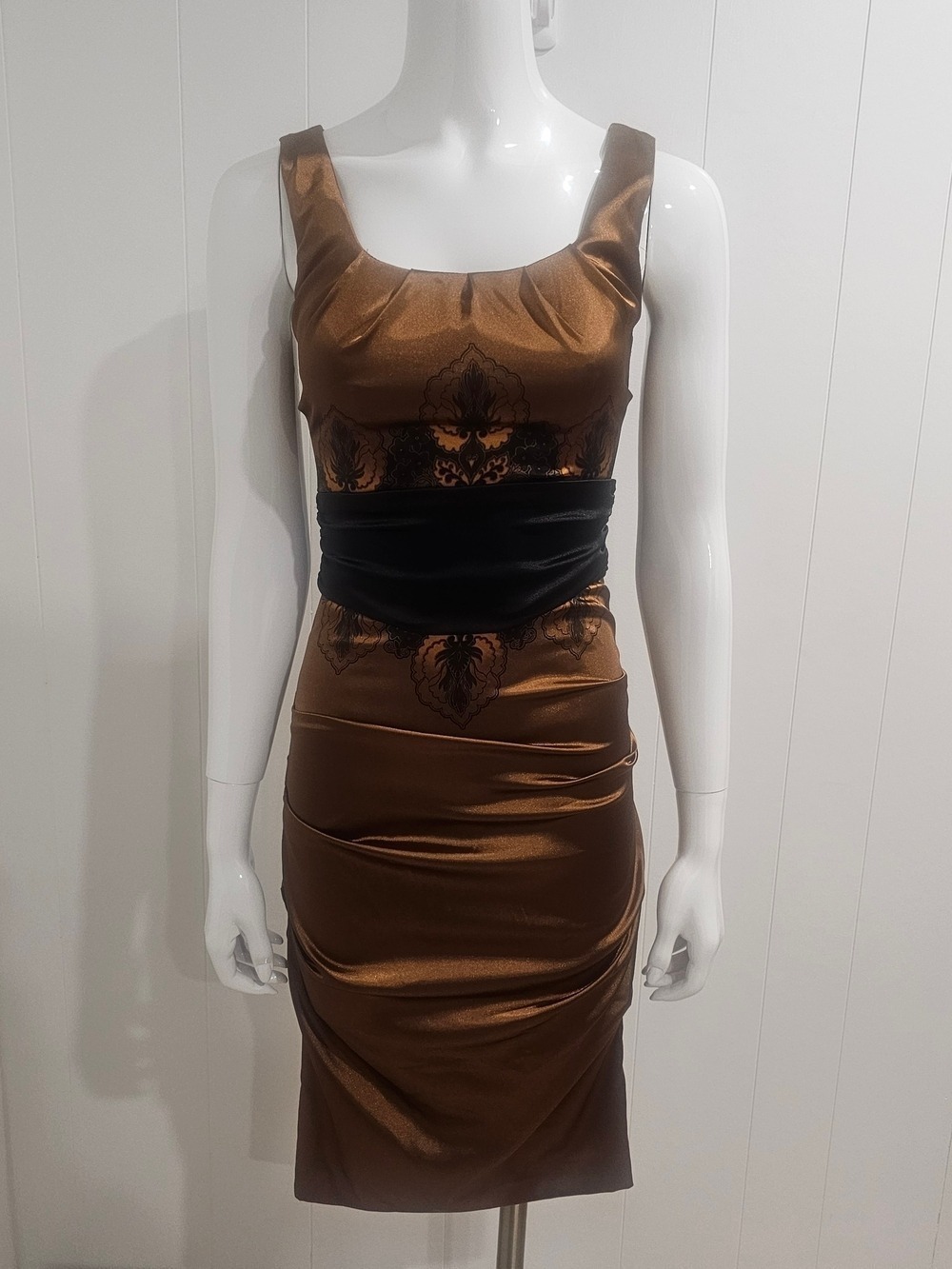 Le Chateau Y2K Bronze Satin Ruched Bodycon Dress Blk Waist Cinch Baroque MidiXS - Picture 3 of 14